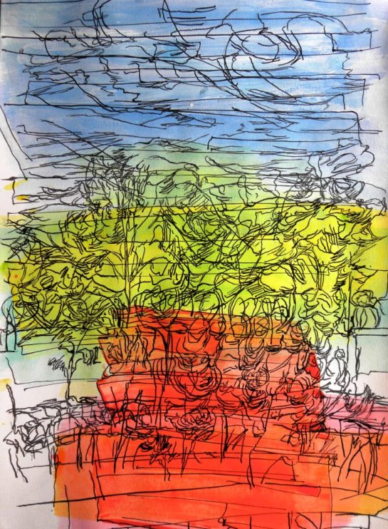 Kirombe garden, rainy season 2015 drawing number 3 (medium). 300 x 420 mm. Indian ink and watercolour on paper.