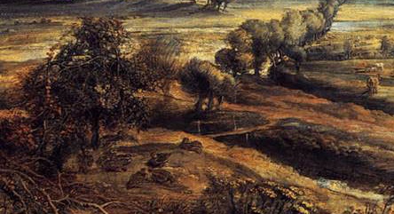 Peter Paul Rubens: 'A View of Het Steen in the Early Morning', 1636. Oil on Oak. 131 x 229.cm. National Gallery, London. Detail: The Ducks