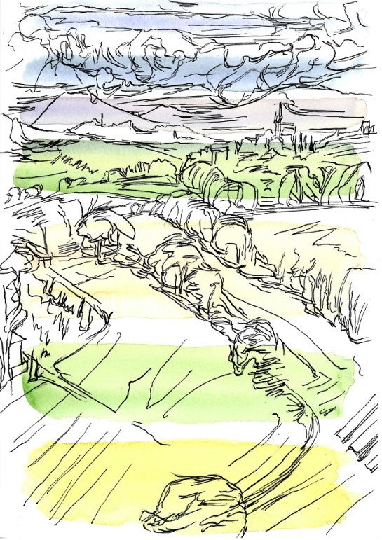 'From Montalfoglio towards the mountains, Autumn 2016, No 2'. 30 x 21 cm Watercolour and Indian Ink on paper 