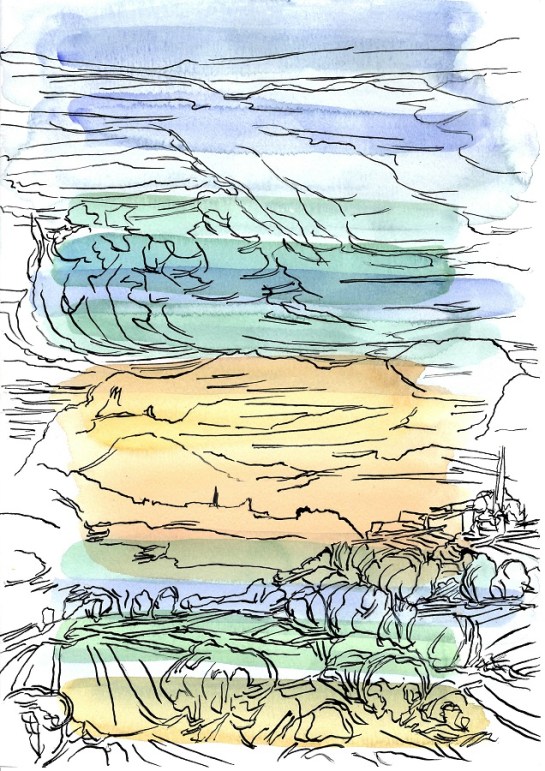 'From Montalfoglio towards the mountains, Autumn 2016, No 5'. 30 x 21 cm Watercolour and Indian Ink on paper 