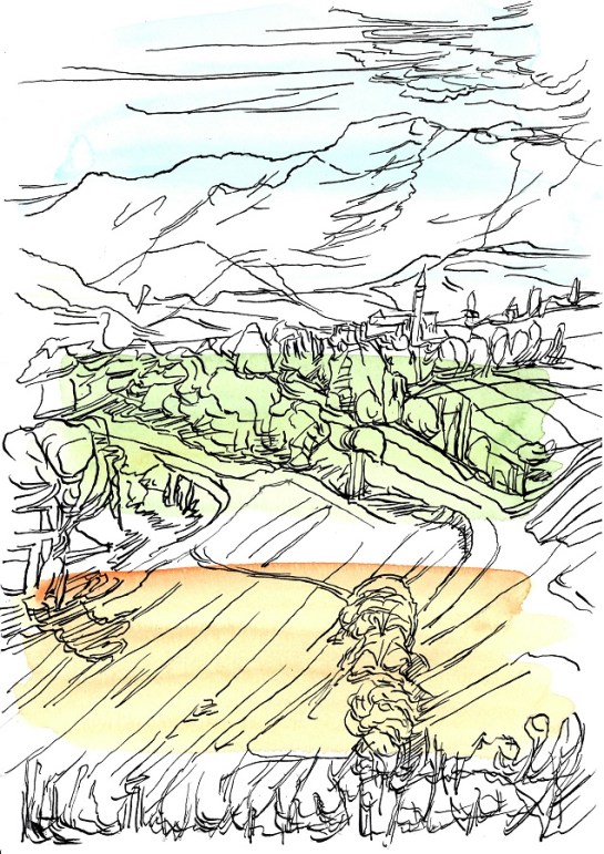 'From Montalfoglio towards the mountains, Autumn 2016, No 8'. 30 x 21 cm Watercolour and Indian Ink on paper 